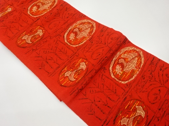 手織り紬抽象丸文に鳥模様織出し名古屋帯